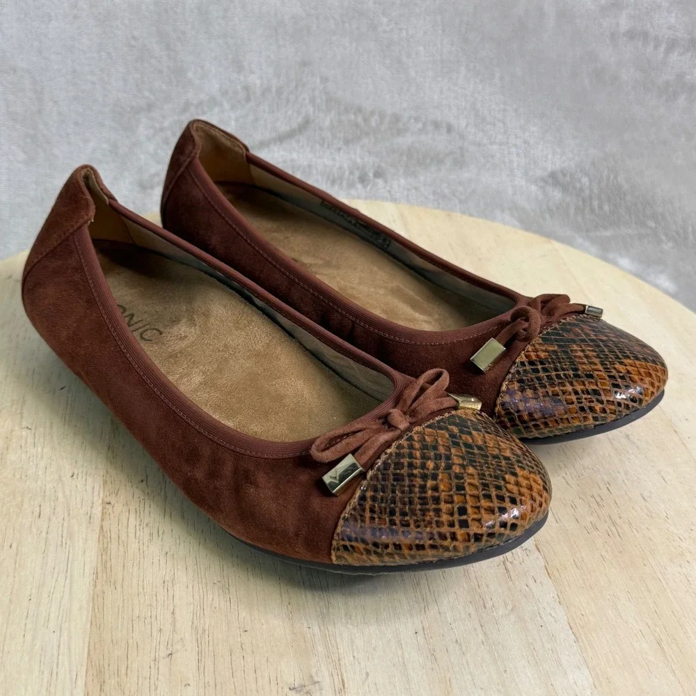 Vionic Minna Brown Suede Snake Toe Ballet Flats Orthotic Shoes Womens 7 359MINNA